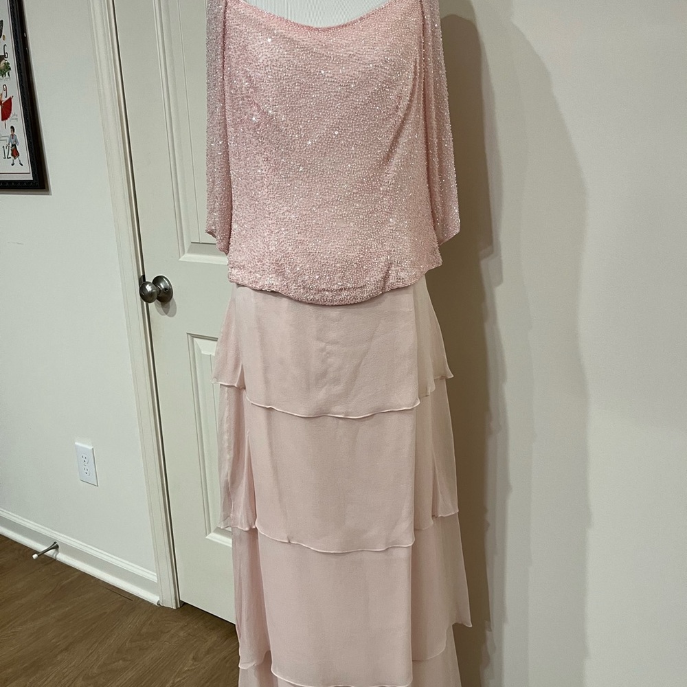 Vintage Jovani Blush Silk 2 piece outfit off shoulders ruffle skirt